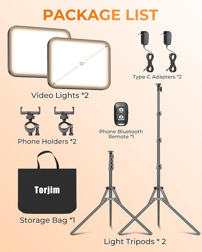 Torjim 12'' LED Video Light Kit | High Brightness | 5 Lighting Modes | 3000-6500K Studio Lights with Tripod Stand, Phone Holder &Wireless Remote | Professional Photography Lighting for Video Recording