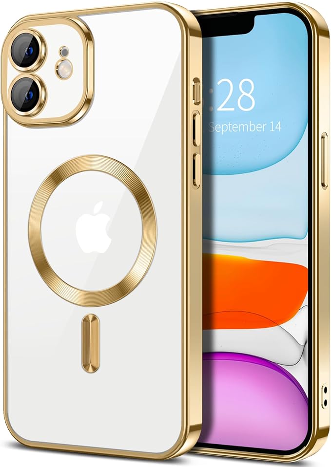 Hython Magnetic Clear for iPhone 11 Case with Camera Lens Protector [Compatible with MagSafe] Luxury Plating Edge Slim Soft TPU Cover Protective Phone Case for iPhone 11 6.1", Gold
