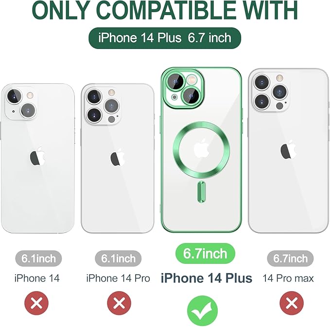 Hython Magnetic Clear for iPhone 14 Plus Case with Camera Lens Protector [Compatible with MagSafe] Luxury Plating Edge Slim Soft TPU Cover Protective Phone Case for iPhone 14 Plus 6.7", Light Green