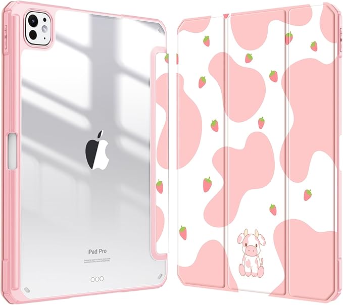 Fintie Hybrid Slim Case for iPad Pro 11-inch (M5) 2025 / (M4) 2024 - [Built-in Pencil Holder] Shockproof Protective Cover with Clear Transparent Back Shell, Strawberry Cow