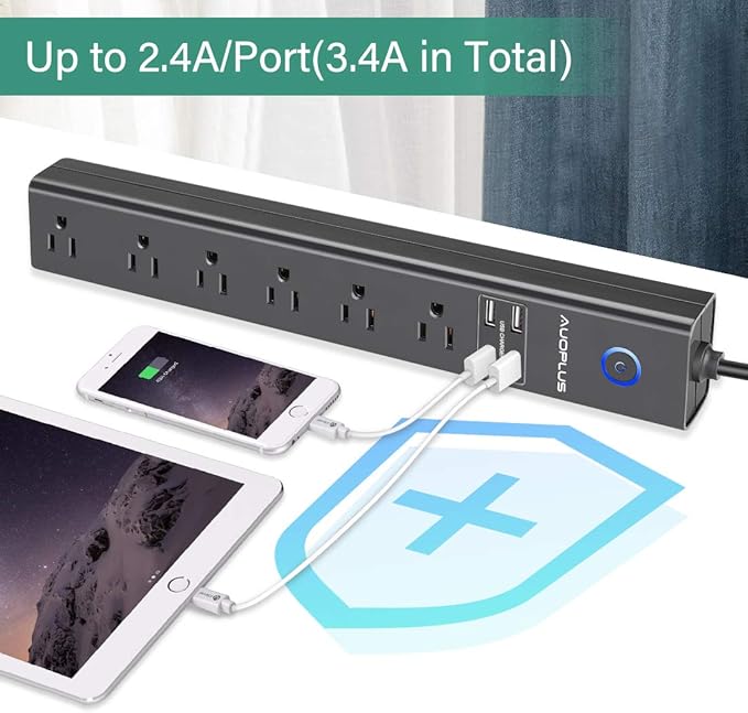 AUOPLUS 10FT Surge Protector Power Strip, 6 AC Outlets with 4 USB Ports, Long Extension Cord Flat Plug(1250W/10A/2100J) Wall Mount Power Strips for Computer Home Office Dorm - Black
