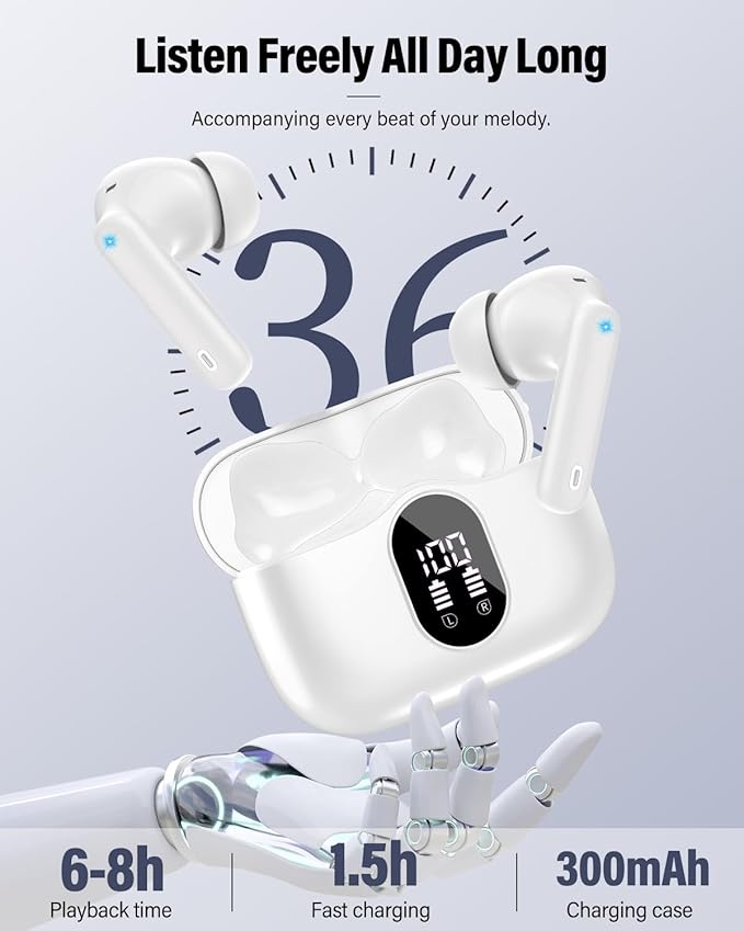 Wireless Earbuds, Bluetooth 5.4 Headphones Bass Stereo, Ear Buds with Noise Cancelling Mic, LED Display in Ear Earphones Clear Calls, IP7 Waterproof Bluetooth Earbuds for Phones/Sports/Laptop, White