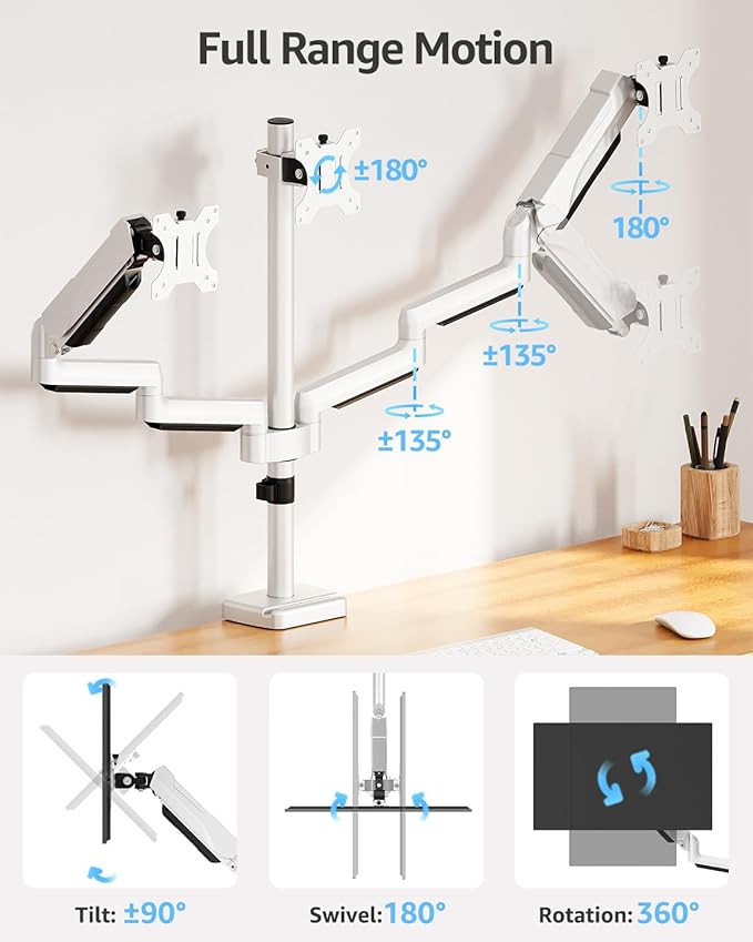 MOUNTUP Triple Monitor Stand Mount - 3 Monitors Desk Mount for Computer Screens Up to 27 inch, Triple Monitor Arm, Heavy Duty Monitors Stand, Each Arm Holds 4.4-19.8 lbs, White