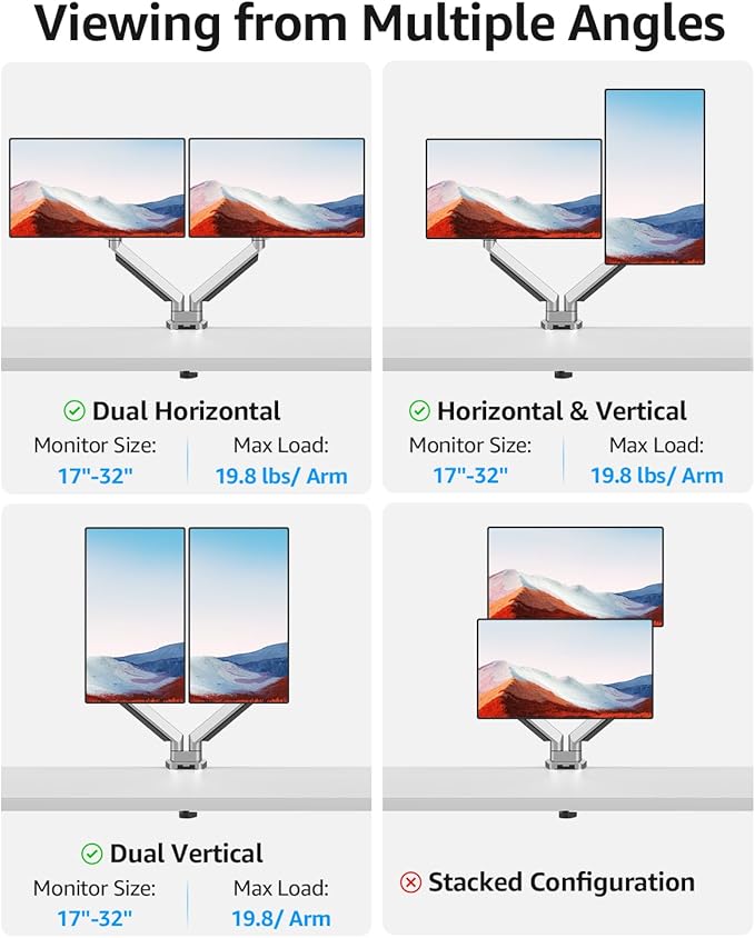 MOUNTUP Dual Monitor Desk Mount, Die-Cast Aluminum Fully Adjustable Double Monitor Arm, Computer Monitor Stand Fits 2 Screen 17 to 32 inch - Each Arm Holds 4.4-19.8LBS, MU0024