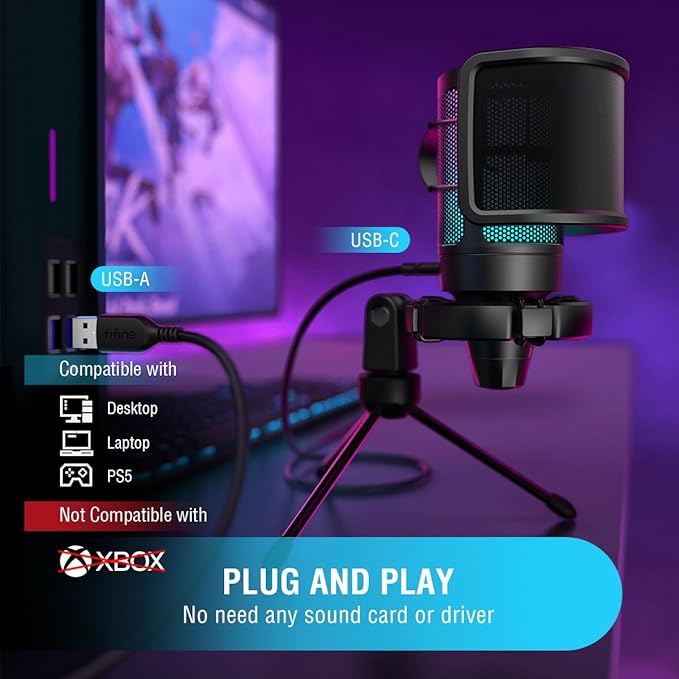FIFINE Gaming USB Condenser Microphone with Pop Filter Bundle, Quick Mute, RGB Indicator, Tripod Stand, Shock Mount, Gain Control for Streaming YouTube Videos (A6V+U1)