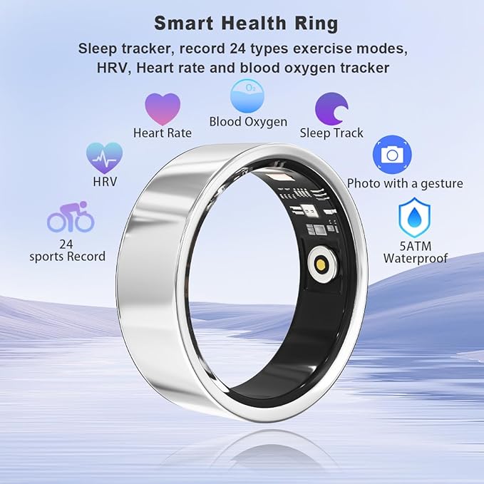 Smart Health Ring for Women Men Fitness Tracker with Heart Rate, Blood Oxygen, HRV, Sleep Monitoring, Step Counting, IP68 for iPhone and Android, No Subscription Fee (Silver, 10#)