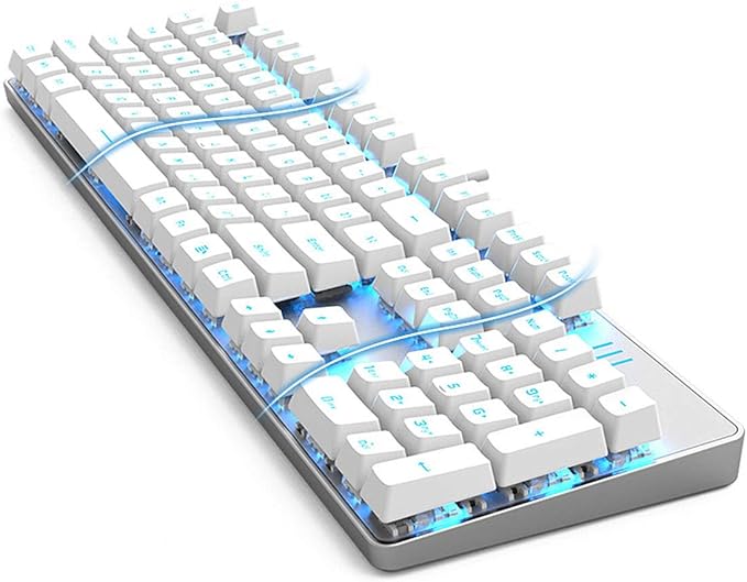 Qisan 104 Mechanical Keyboard for Gaming | Large Size USB White Backlit Gaming Keyboard Wired | US Layout Blue Switches Hot Swappable Mechanical Clicky Keyboards Compatible with PC & Laptop