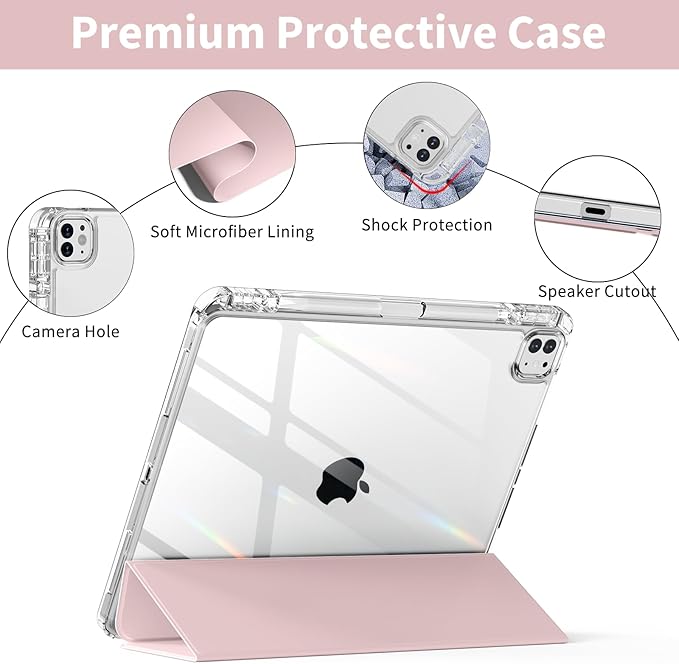 Clear Case for iPad Pro 12.9 inch 6th/5th/4th/3rd Gen with Pencil Holder [Support Pencil Charging] Auto Wake/Sleep, Lightweight Shockproof Trifold Stand Transparent Hard PC Back Cover, Pink-2