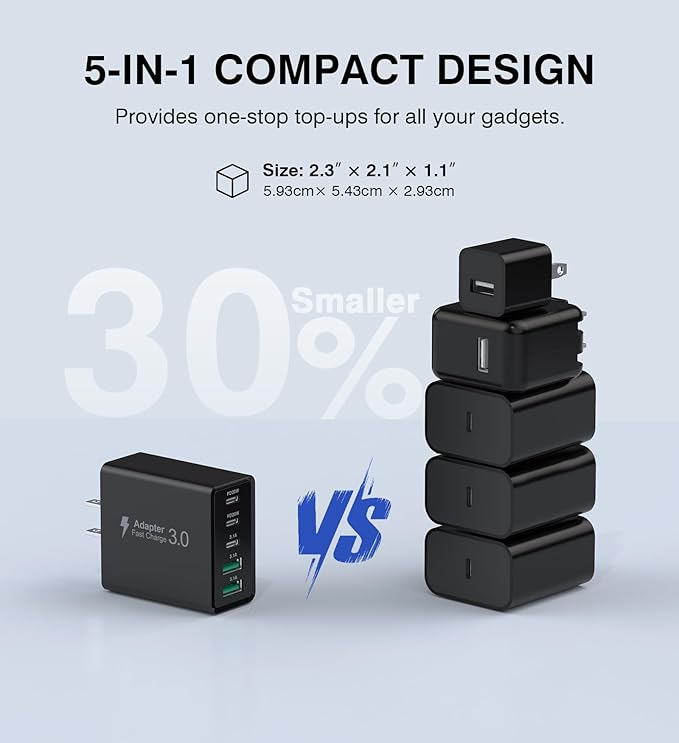 [2-Pack] USB C Wall Charger, 50W Type C Charger Block 5-Port Fast Charging Blocks,3USB C+2USB A Multiport Plug,PD Power Adapter Brick Cube for iPhone 17/16/15/14/13/Pro,iPad,Samsung,for Switch（Black）