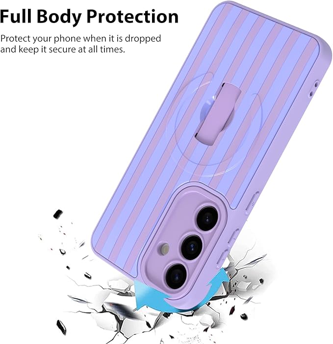KANGHAR Compatible with Samsung Galaxy S25 Case, Support for MagSafe, Silicone Stripes Cute Pattern, Wristband Kickstand Camera Protection Soft Slim Cover for Girls Women -Purple