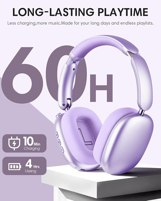 Wentronic Y02 Active Noise Cancelling Headphones, Wireless Over-Ear Bluetooth 5.4 Headphones, Multiple Modes, 60H Playtime, Hi-Res Audio, Big Bass, Foldable Lightweight for Travel Home Office, Purple