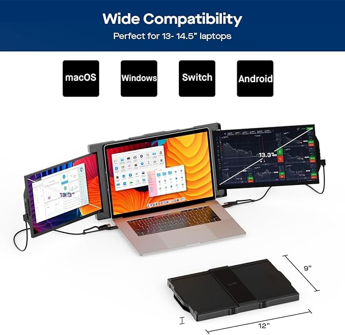 Trio 3 Pro 14.1" Mobile Pixels Portable Laptop Monitor(2026 Version), 1400p QHD Triple Monitor with Built-in Kickstand, One USB-C Cable Setup Laptop Screen Extender(Optional Magnets), Windows/macOS