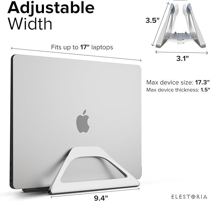 Elestoria Aluminum Vertical Laptop Stand with Gravity Auto-Lock – Adjustable Laptop Holder Vertical fits MacBook Pro/Air, Chromebook & Gaming Laptops up to 17.3" – Space-Saving Desktop Dock - Silver