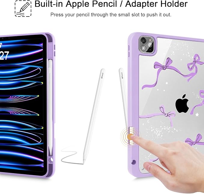 Tuiklol for iPad Pro 11 Inch 4th / 3rd / 2nd / 1st Gen (2022 2021 2020 2018) Case -Built-in Pencil Holder Shockproof Cover Clear Transparent Back Shell with Auto Wake/Sleep, Bow-Purple