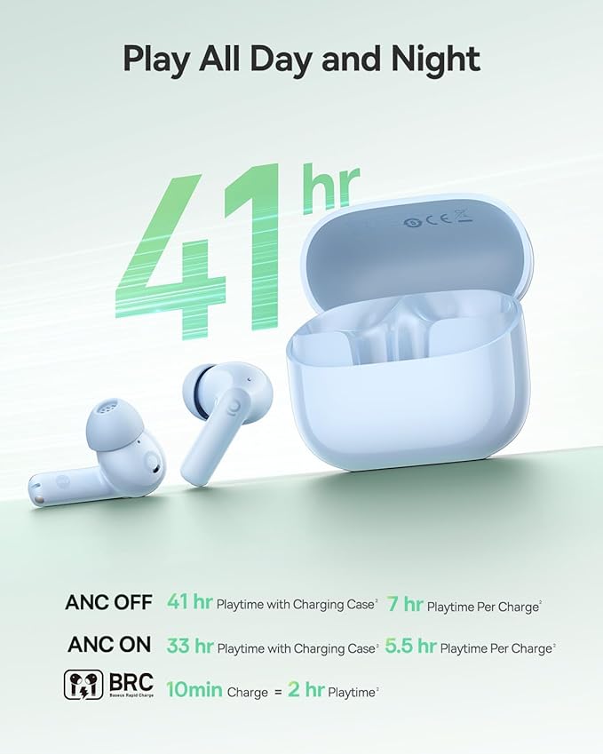 Baseus Bass BP1 NC Hybrid Active Noise Cancelling Wireless Earbuds, 12mm Super-Bass Driver, 41H Playtime, Bluetooth 6.0, IP55 Waterproof, 4-Mic AI ENC, 24 Customizable EQ (Blue)
