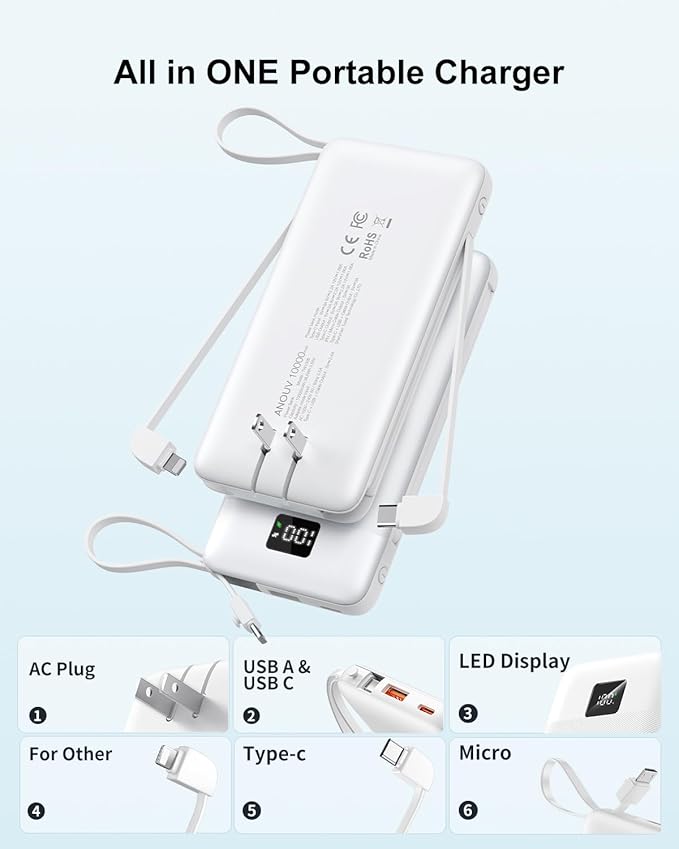 Portable Charger Built-in Cables and AC Wall Plug, 10000mAh 22.5W PD Fast Charging Power Bank, Lightweight Compact Battery Pack Travel Essentials for iPhone 17/16/15/14/13 Series,Samsung,Tablets