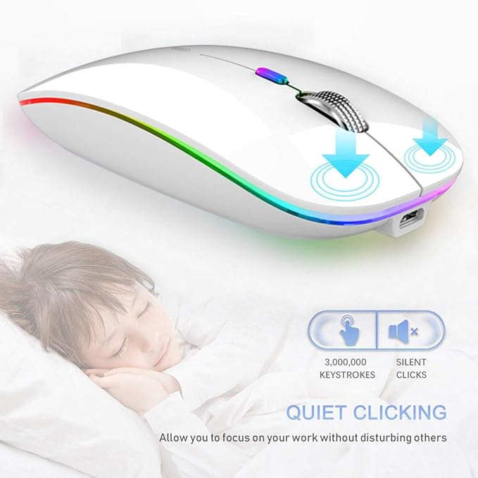 TENMOS Wireless Bluetooth Mouse, LED Slim (Bluetooth 5.1 + USB) 2.4GHz Rechargeable Silent Bluetooth Wireless Mouse with Type C Adapter for Laptop/MacBook/iPad OS 13 and Above (White)
