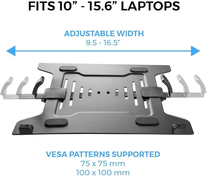 HumanCentric Laptop VESA Mount Tray for Monitor Arms and Stands, Fits 75x75 and 100x100 mm VESA Mount Holes, Fully Secures Laptop with Adjustable Clamps 9.5" to 16.5” Width, Rubber Pads