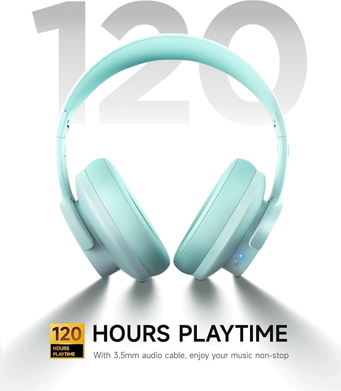 Picun B8 Bluetooth Over Ear Headphones, 120H Playtime with 3 EQ Modes, Low Latency, Hands-Free Calls, Deep Bass for Travel, Home, Office & PC (Cyan)