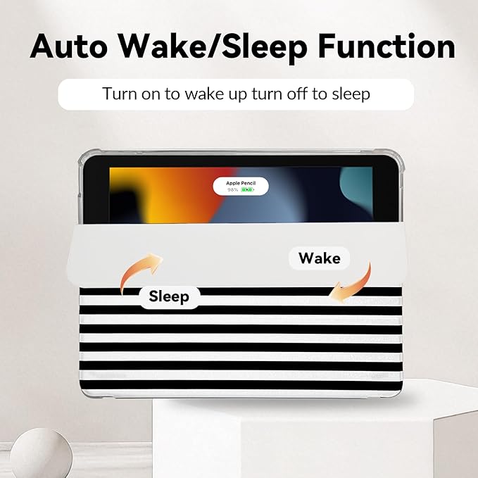 Lovmooful Compatible for iPad 9/8/7 (10.2-Inch,2021/2020/2019 Model,9th/8th/7th Generation) Case with Pencil Holder Cute Striped with Aesthetic Design Soft TPU Trifold Stand Protective-Black&White