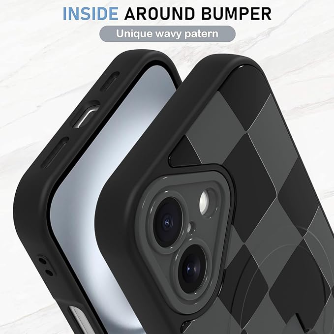 KANGHAR Compatible with iPhone 16 Case, Support for MagSafe, Silicone Checkered Cute Pattern, Wristband Kickstand Camera Protection Soft Slim Cover for Girls Women -Black