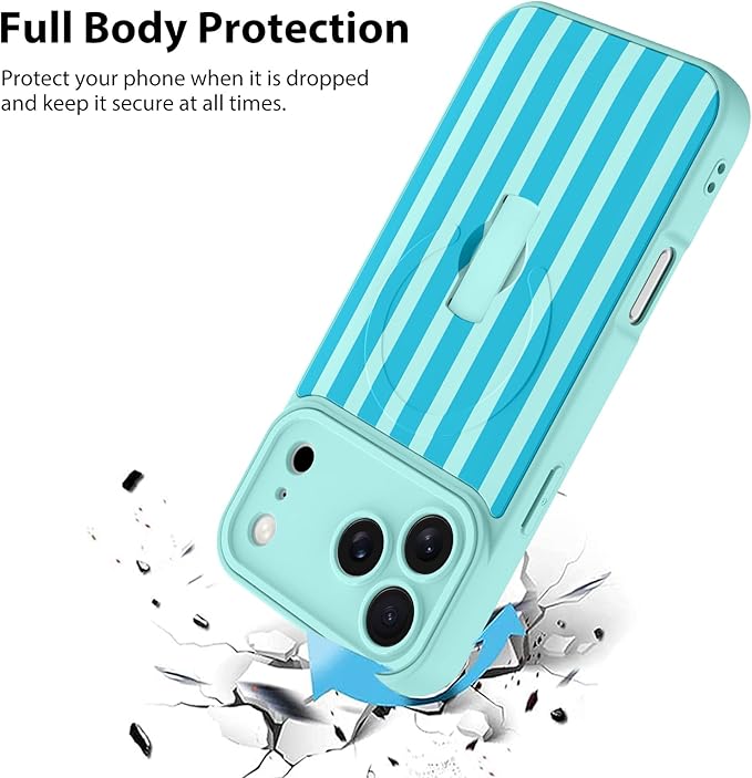 KANGHAR Compatible with iPhone 17 Pro Case, Support for MagSafe, Silicone Stripes Cute Pattern, Wristband Kickstand Camera Protection Soft Slim Cover for Girls Women -Blue