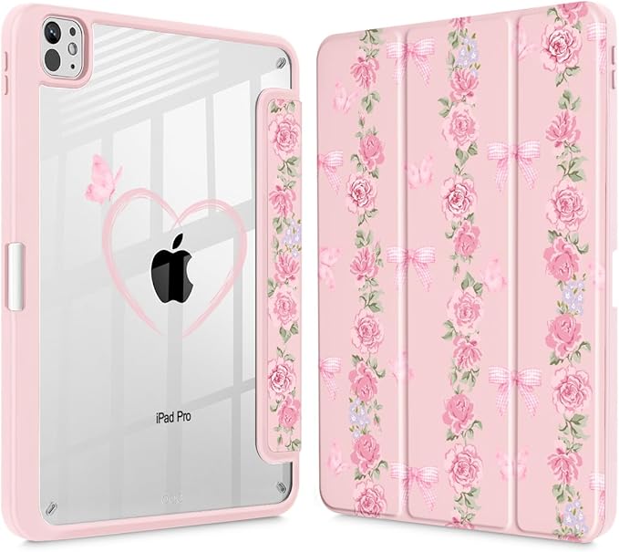 May Chen for iPad Pro 13 Inch Case M5 2025 / M4 2024, Built Pencil Holder & Clear Transparent Print Back Shell Slim Stand Shockproof Tablet Cover, Auto Wake/Sleep, Bow & Rose Flower