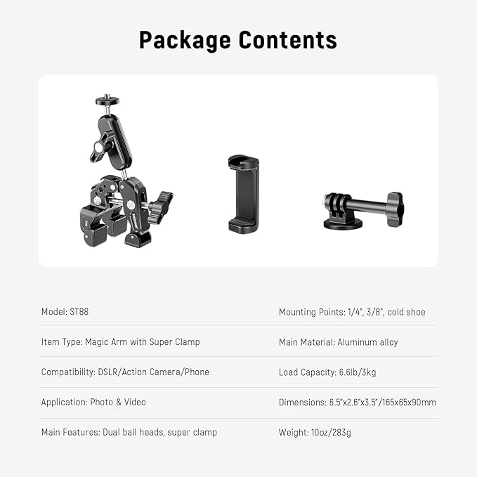 NEEWER Super Clamp with 3" Dual Ballhead Magic Arm, Camera Phone Clamp Mount with 1/4" 3/8" Threads, Cold Shoe, Phone Holder, Action Camera Adapter Compatible with GoPro DJI iPhone 16 15 Pro Max, ST88