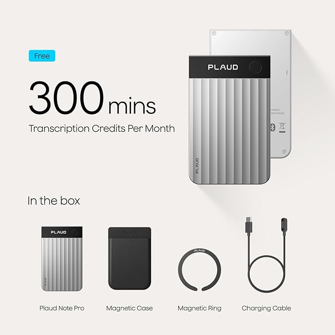 Plaud Note Pro AI Voice Recorder, Transcribe & Summarize with AI Note Taker for Meetings & Calls, Professionals & Teams, Supports 112 Languages, Ultra-Slim, InstantView Display, Case Included, Silver