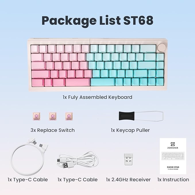 ZORNHER ST68 Wireless Ergonomic Split Mechanical Keyboard,65% Pink & Blue Custom Creamy TKL Keyboard with Knob,Lighted Up PBT Keycaps,Pre-lubed Linear Switches,Hot-Swappable,RGB Backlit