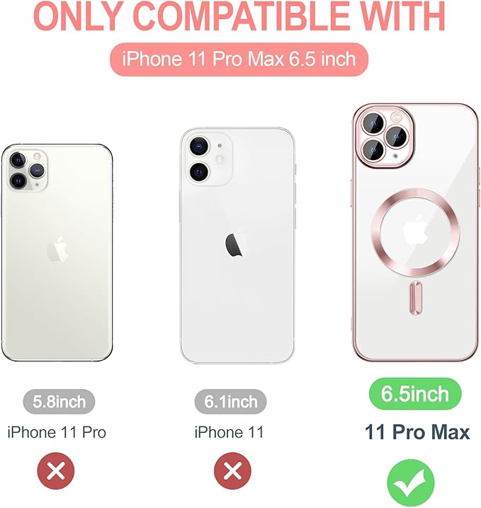 Hython Magnetic Clear for iPhone 11 Pro Max Case with Camera Lens Protector [Compatible with MagSafe] Plating Edge Slim Soft TPU Cover Protective Phone Case for iPhone 11 Pro Max 6.5", Pink