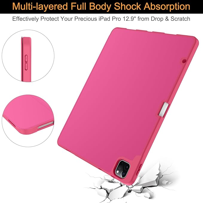 Soke Case for iPad Air 13 Inch (M4/M3/M2,2026-2024), iPad Pro 12.9" 6th/5th Generation with Pencil Holder(2021 2022 Release)-[Apple Pencil Charging + Auto Wake/Sleep] Soft Back Cover, Note Hot Pink