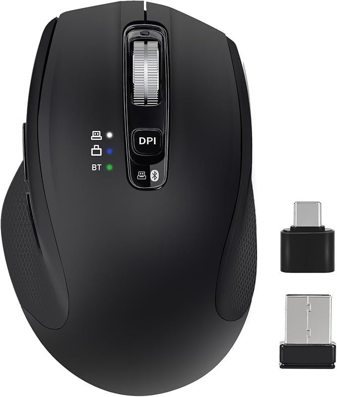 Wireless Bluetooth Mouse with USB-A, USB-C Receiver, Rechargeable, 3-Device, Full-Size, Silent Click, Ergonomic Mice for MacBook/Laptop/Computer/Tablet/PC/iPad-Black
