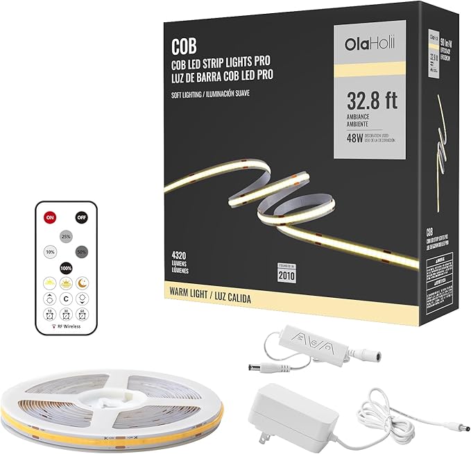 32.8ft COB Led Strip Light with Remote, 3000K Ra93+ Dimmable Bright Warm White Led COB Strip Light, White Continuous Led Strip Light for Mirror, Stair, Cabinet, Room