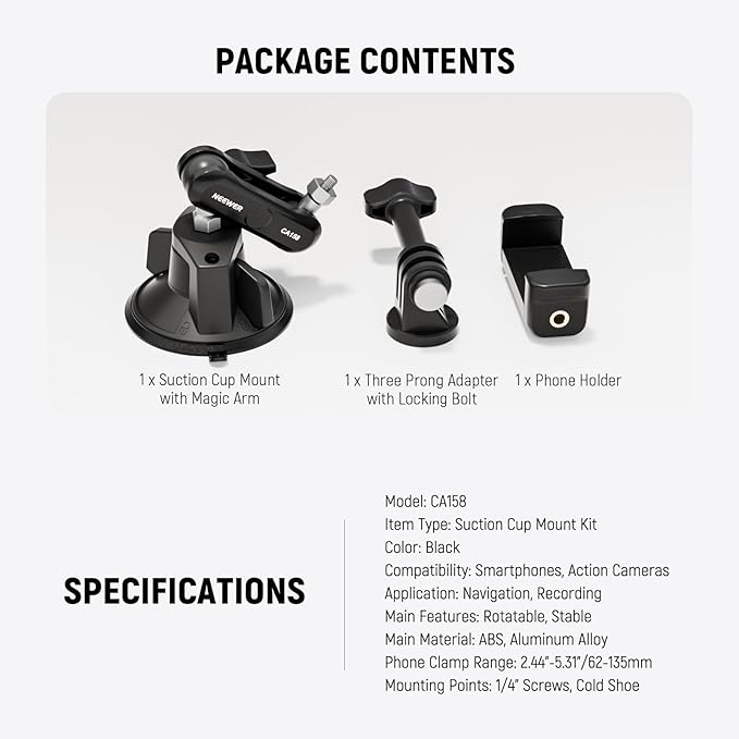 NEEWER Suction Cup Phone Holder & Camera Mount Compatible with GoPro DJI Insta360 iPhone, Car Phone Mount with Action Camera Adapter 360° Magic Arm for Vlogging Video Recording, CA158