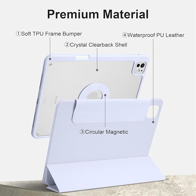 Case for iPad Pro 11 inch M5/M4 (2025/2024, 6th/5th Generation), Removable and Detachable Magnetic Cover with Pencil Holder, Vertical Adjustable Stand, Tri-Fold Multi-Angle, Light Purple