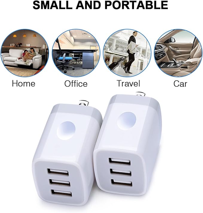 USB Wall Charger Adapter, FiveBox 2PC 18W/3Amp Fast Multiple 3-Ports Wall Charger Plug Box Charger Block Charging Base Cube for iPhone 16 15 14 13 12 11 Mini Pro Max SE XS XR X 8 7 6 Pad, Samsung