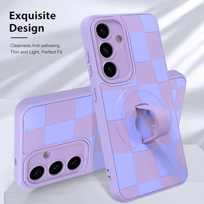 KANGHAR Compatible with Samsung Galaxy S25 Case, Support for MagSafe, Silicone Checkered Cute Pattern, Wristband Kickstand Camera Protection Soft Slim Cover for Girls Women -Purple