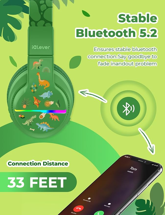iClever BTH12 Kids Bluetooth Headphones,Colorful LED Lights Wireless Kids Headphones,74/85dBA Safe Volume,85H Playtime,Bluetooth 5.2,Over Ear Dinosaur Headphone Built-in Mic for iPad/Tablet/Airplane