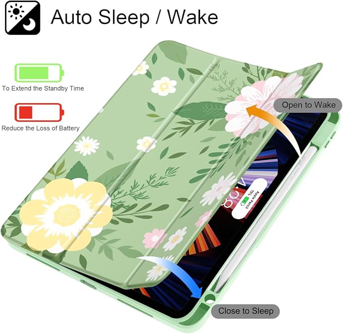 Tuiklol for iPad Pro 12.9 Inch 6th/5th/4th/3rd Generation 2022 2021 2020 2018 Case,Built-in Pencil Holder Clear Transparent Protective Back Shell Cover with Auto Sleep/Wake, Flowers Green
