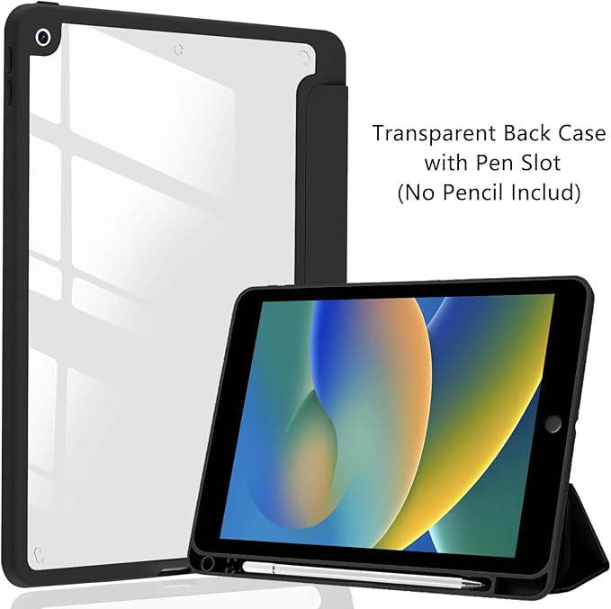 JOYLAND Blue Bow Pattern Case for iPad Pro 11" 4th/3rd/2nd/1st Generation (2022/2021/2020/2018), Clear Acrylic Hard Back Black Case with Pencil Holder Trifold Stand Tablet Cover