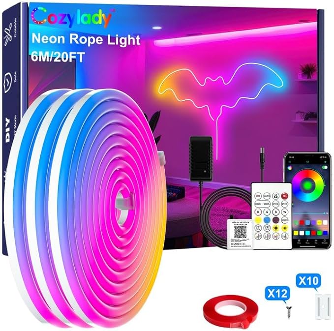 Cozylady RGB Neon LED Rope Lights, Waterproof Bluetooth APP Remote Control Music Sync Strip Lights, 24V Flexible DIY Silicone Light for Bedroom Home Indoor Outdoor Decor (6M/20Ft)