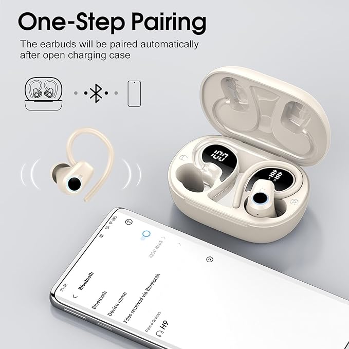 Wireless Earbuds, 2023 Bluetooth Headphones 5.3 Sport, 50H Ear buds with Earhooks, Dual LED Display, Bluetooth Earbuds, Bass Stereo Noise Cancelling Headphones, IP7 Waterproof Earphones, Off White