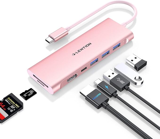LENTION 7-in-1 USB C Multiport Hub with 4K HDMI, 100W PD, 3 USB 3.0 Ports, SD/MicroSD Card Reader Compatible MacBook Pro/Air/Neo 2016-2026 Type C Devices Stable Driver Adapter (CB-C36B, Rose Gold)