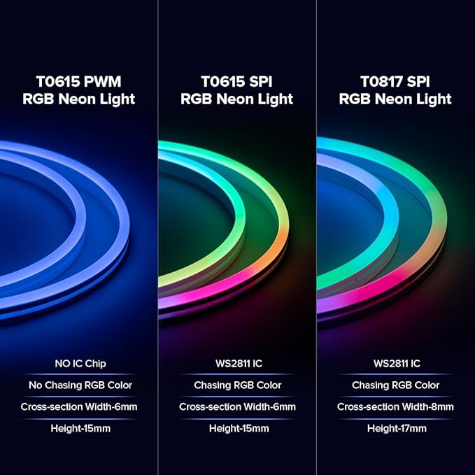 BTF-LIGHTING WS2811 IC RGB Chasing Color Side Emitting Neon Light 16.4FT DC24V 90IC 108LED/m T0615 IP67 Waterproof Flexible Addressable Rope LED Strip for Indoor DIY Decor (No Adapter or Controller)