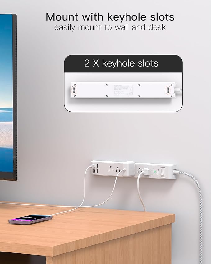 2 Pack Power Strip Surge Protector - 6 Outlets 4 USB Charging Ports, 5Ft Braided Extension Cord, Flat Plug, Overload Protection, Wall Mount for Home Office, Dorm Room Essentials White