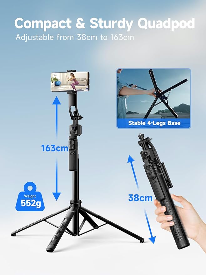 Rollei Auto Face Tracking Tripod, Smartphone Gimbal Stabilizer 64'' Selfie Stick Tripod Holder 360° Rotation for iPhone/Android Stand for Filming Streaming Tiktok Video Vlog