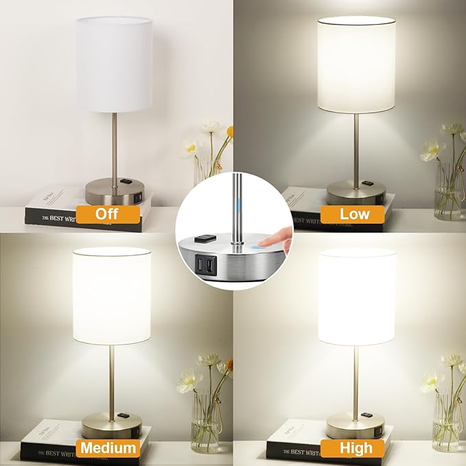 Lynnoland Set of 2 Touch White Table Lamps with 2 USB Ports & AC Outlet, 3-Way Dimmable Bedside Nightstand Lamps for Bedroom Living Room Nursery, 800 Lumens 5000K Daylight Bulbs Included