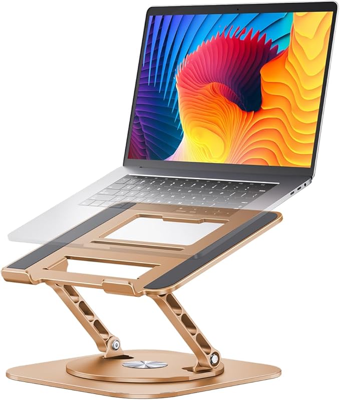 AOEVI Adjustable Laptop Stand with 360 Rotating Base, Computer Stand for Laptop Ergonimic Foldable Laptop Riser for Desk Compatible with MacBook Pro/Air Notebook up to 16 Inches, Gold