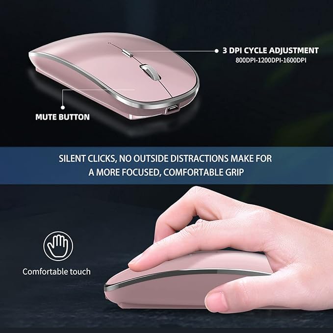 Halpilt Wireless Mouse Chargeable Portable Silent USB and Type-C Dual Mode Wireless Mouse 3 Adjustable DPI for Laptop, Mac, Android, PC (Q23S Black) (Rose Gold)